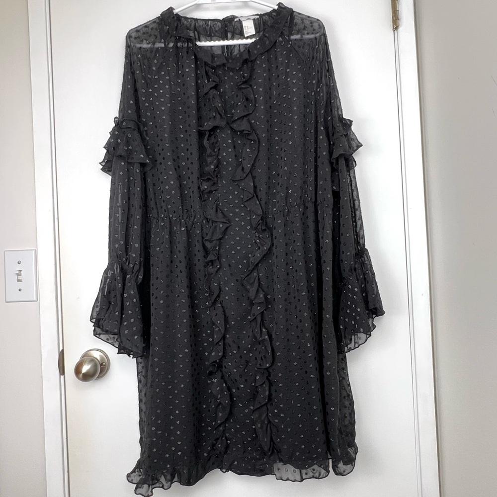 H&M High Neck Sheer Swiss Dot Ruffled Short Dress size 14 Black Feminine Goth